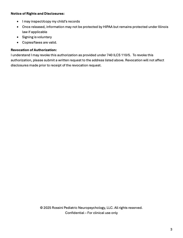 Rossini Pediatric Neuropsychology Release of Information